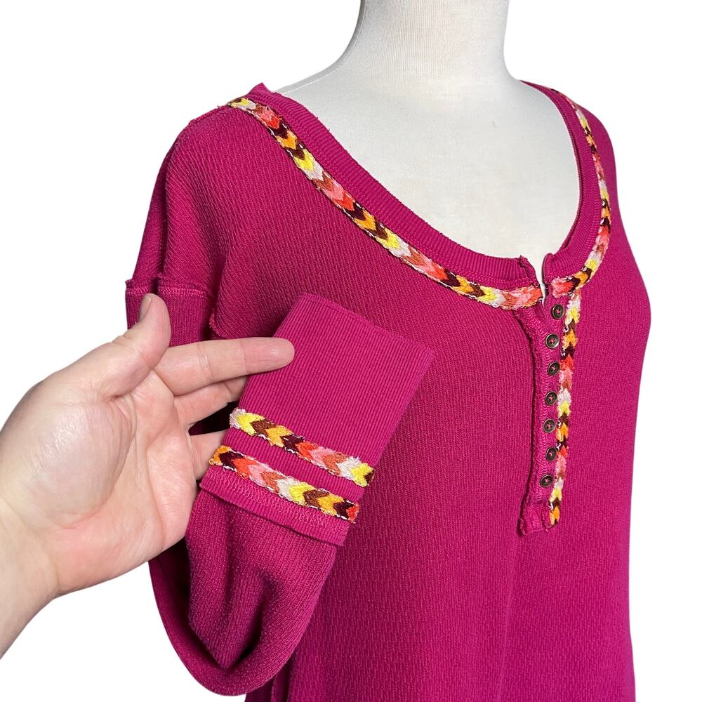 FREE PEOPLE x WE THE FREE Pink Waffle Knit Rainbow Embroidered Top - Picture 3 of 5